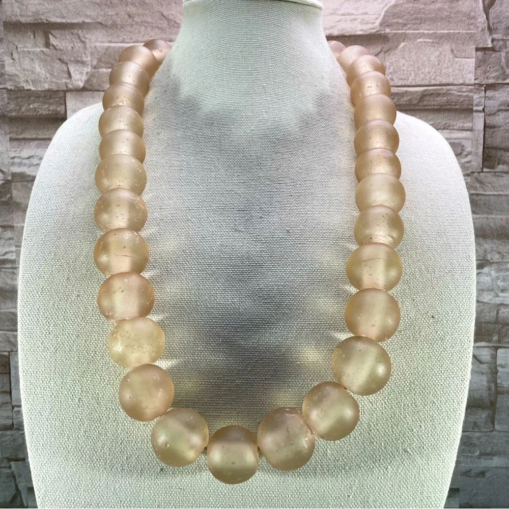 Unsigned Jumbo Beige Recycled Glass Bead Garland Strung Necklace Very Heavy